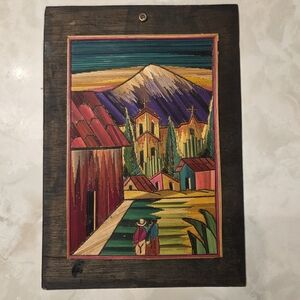 Vntg Unframed Mexican Folk Popotillo Art Straw Stick Couple Church Village